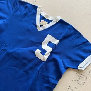 Vintage 1950s Felco T-shirt Royal Blue White Ringer V-Neck Jersey